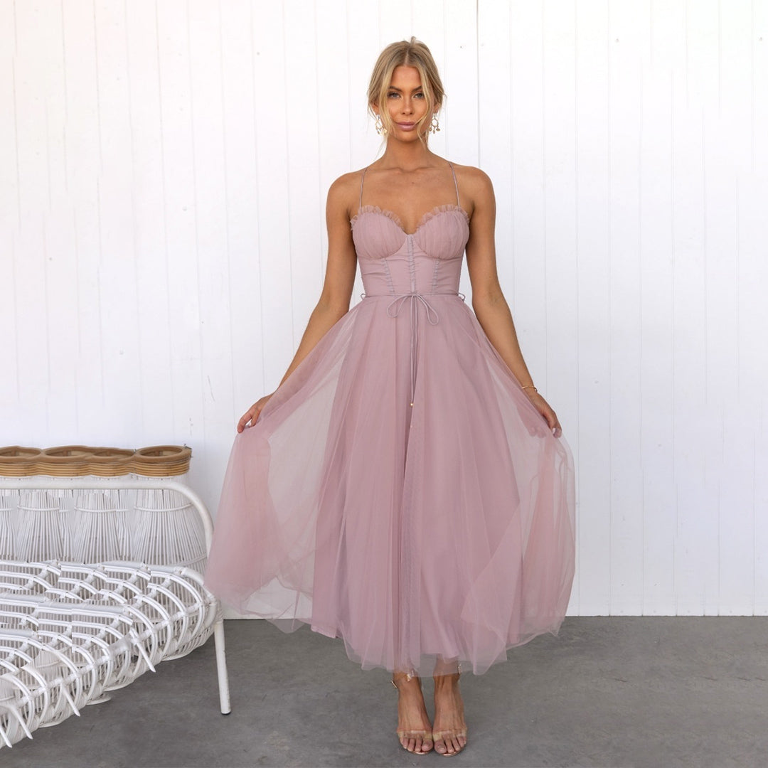 Women's Midi Dress - Satin Corset - Layered Tulle Skirt - Elegant Party Dress