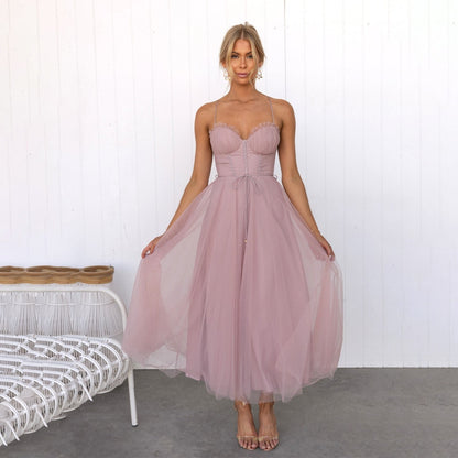 Women's Midi Dress - Satin Corset - Layered Tulle Skirt - Elegant Party Dress