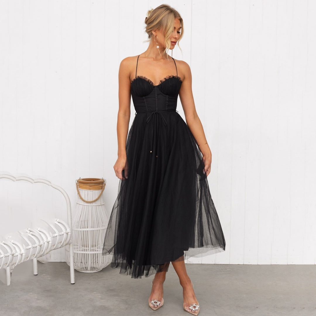 Women's Midi Dress - Satin Corset - Layered Tulle Skirt - Elegant Party Dress