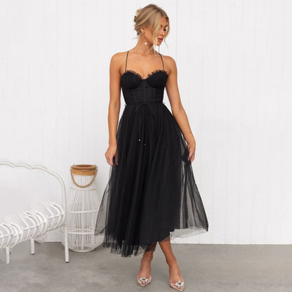 Women's Midi Dress - Satin Corset - Layered Tulle Skirt - Elegant Party Dress