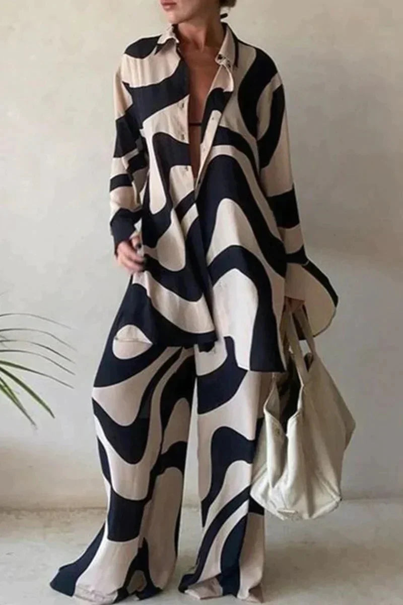 Women's Set - Oversized Shirt & Wide Pants - Light and Breathable - Abstract Pattern