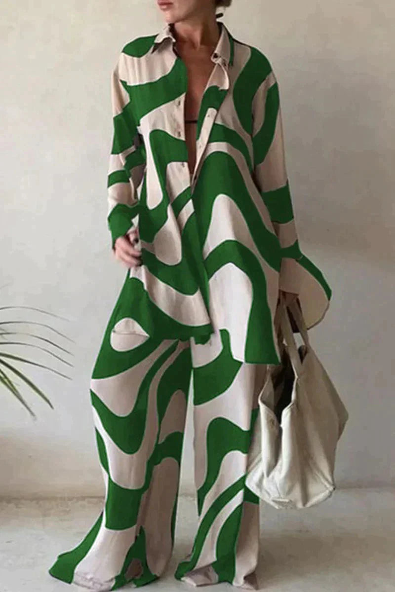 Women's Set - Oversized Shirt & Wide Pants - Light and Breathable - Abstract Pattern