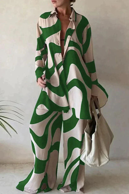 Women's Set - Oversized Shirt & Wide Pants - Light and Breathable - Abstract Pattern