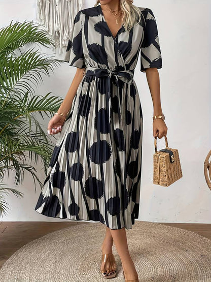 Women's Midi Dress - Polka Dotted - Tie Belt - Pleated Skirt - Elegant Elbow-Length Sleeves
