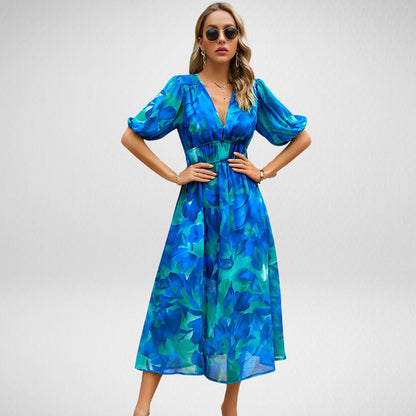 Women's Maxi Dress – Loose Fit – Puff Sleeves – V-Neck – Breathable Lightweight Fabric – Geometric Pattern