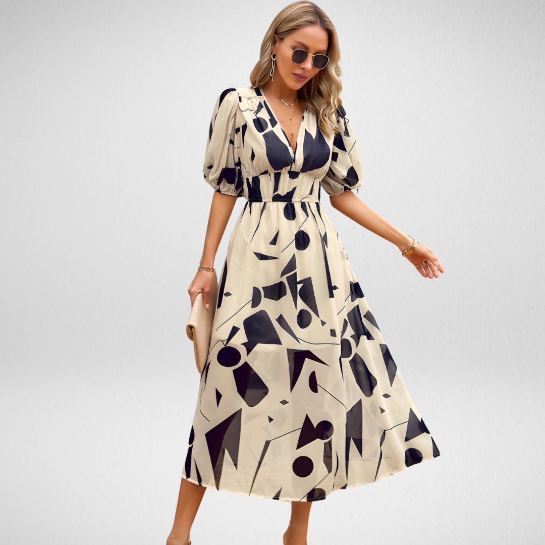 Women's Maxi Dress – Loose Fit – Puff Sleeves – V-Neck – Breathable Lightweight Fabric – Geometric Pattern