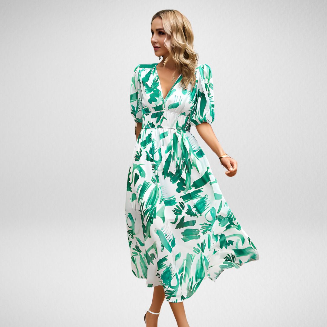Women's Maxi Dress – Loose Fit – Puff Sleeves – V-Neck – Breathable Lightweight Fabric – Geometric Pattern