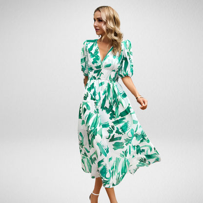 Women's Maxi Dress – Loose Fit – Puff Sleeves – V-Neck – Breathable Lightweight Fabric – Geometric Pattern