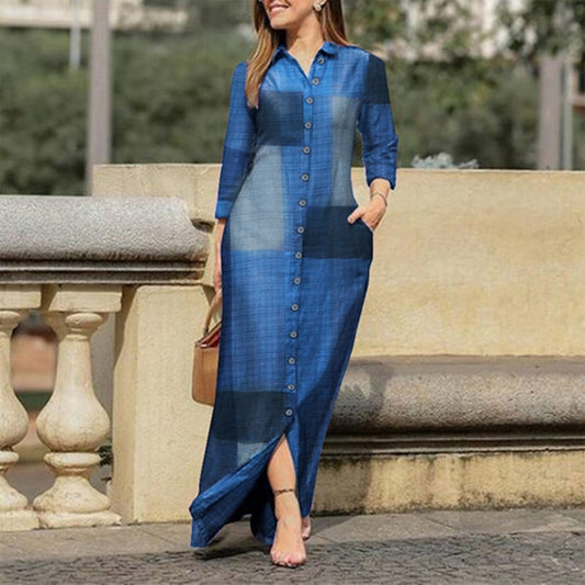Women's Shirt Dress - Long Model - Three-quarter Sleeves - Light and Breathable - Button Closure