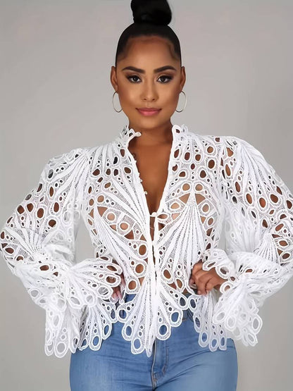 Women's Lace Blouse - Long-Sleeved V-Neck - Button Closure - Elegant Transparent Design