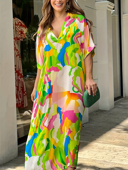Women's Kaftan Dress - Light and Airy - V-Neck - Loose Fit - Short Sleeve