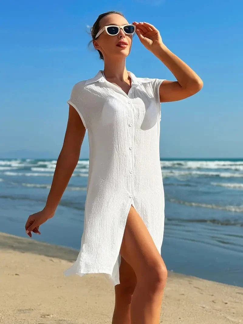 Women's Beach Dress - Lightweight Breathable Fabric - Short-Sleeved with Collar - Buttoned Design