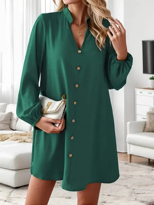 Women's Shirt Dress – Relaxed Fit – Long Sleeves – V-Neck – Button Closure
