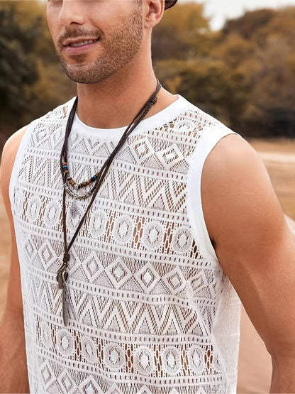 Men's Tank Top - Breathable Crochet Design - Geometric Pattern - Crew Neck