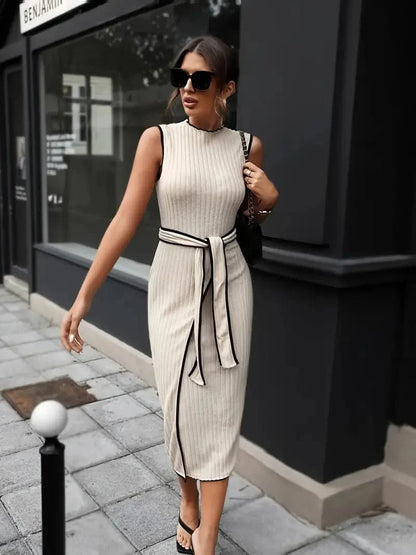 Dress for Women - Sleeveless Rib Knit - Midi Length - Waist Belt - Elegant Fit