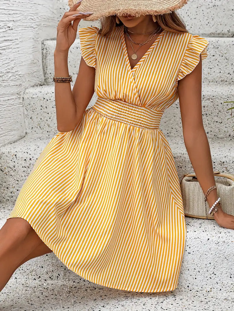 Women's Summer Dress - V-Neck - Ruffle Sleeves - Fitted Waist - Light and Breathable