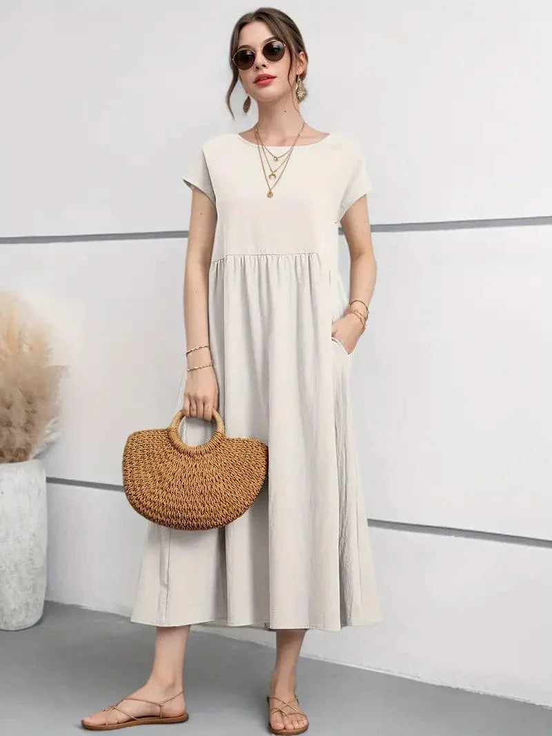 Women's Dress - A-line Fit - Short Sleeve - Round Neck - Midi Length - Lightweight and Breathable