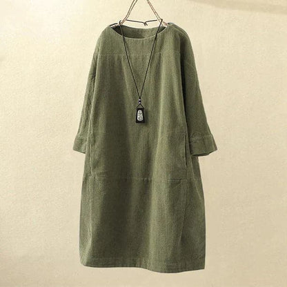 Women Corduroy Dress - Loose Fit - Three-Quarter Sleeves - Soft and Comfortable