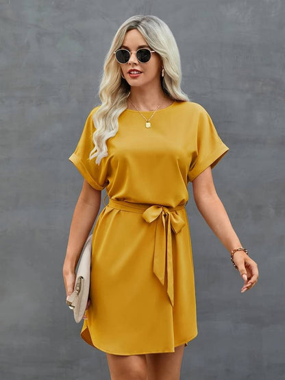 Women's Dress - Lightweight Fabric - Short Sleeves - Belt at the Waist - Relaxed Fit