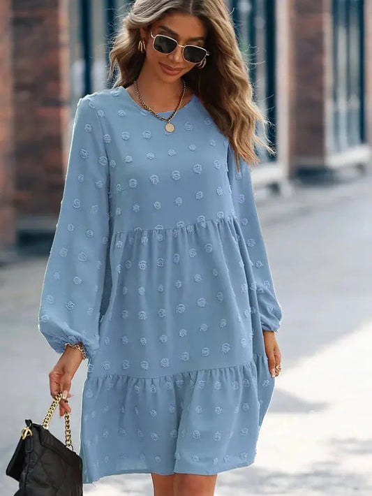 Women's Dress - Loose Fit - Mini Length - Long Sleeves - Round Neck