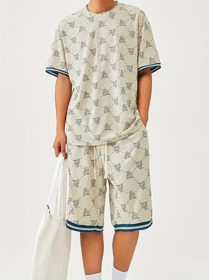 Men's Set - T-shirt and Shorts - Relaxed Fit - Patterned Design - Elastic Waist
