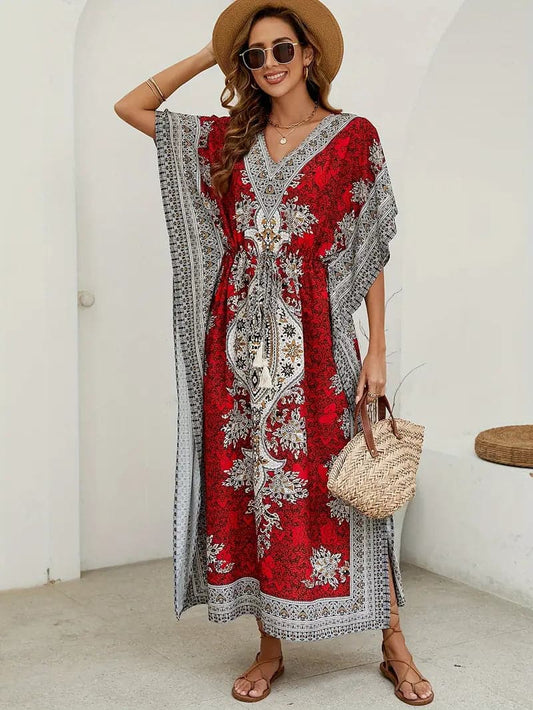 Women's Caftan Dress - Long and Loose Fit - V-Neck - Patterned Bohemian Design