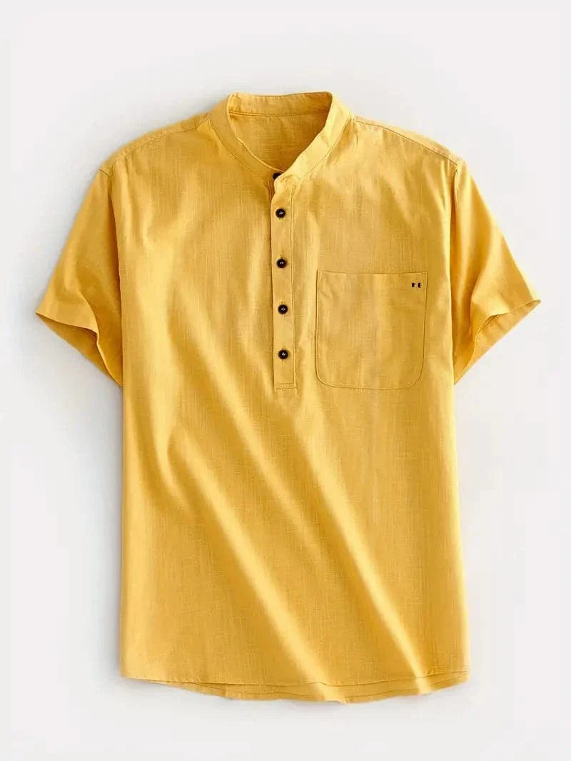 Men's Shirt - Short Sleeved - Mandarin Collar - Button Closure - Relaxed Fit