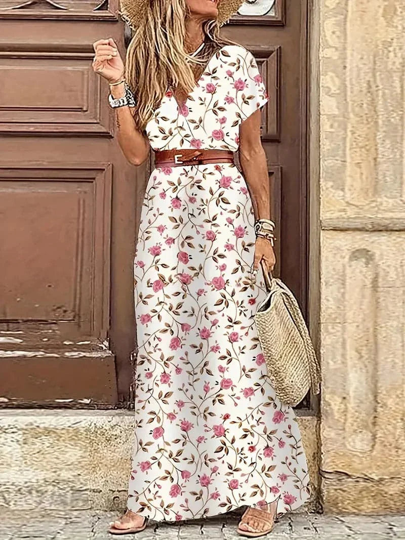 Women's Maxi Dress - Floral Print - V-Neck and Short Sleeves - Waistband and Long Fit