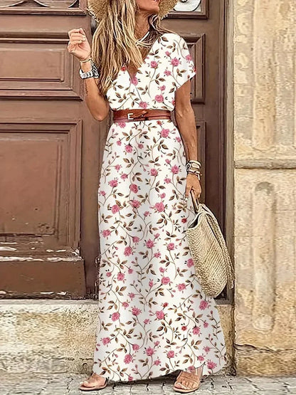 Women's Maxi Dress - Floral Print - V-Neck and Short Sleeves - Waistband and Long Fit