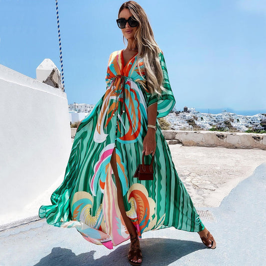 Maxi Dress for Women – Relaxed Fit – V-Neck – Belt – Abstract Pattern