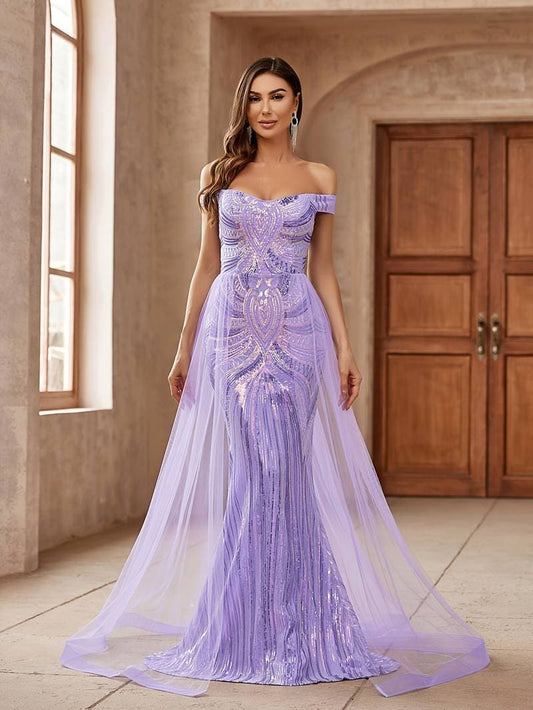 Women's Evening Dress - Off-Shoulder - Pearl Embroidery - Fitted - Long With Train