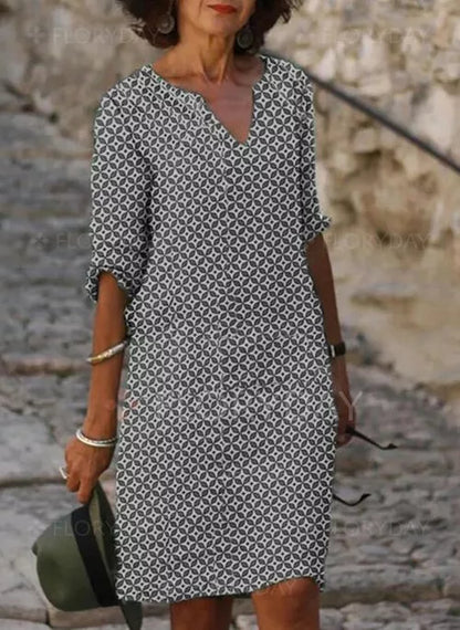 Dress for Women – Relaxed Fit – V-Neck – 3/4 Sleeves – Geometric Pattern