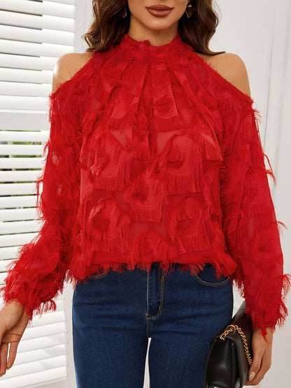 Women's Blouse - Cold Shoulder Design - High Halter Neck - Long Voluminous Sleeves - Elegant Texture