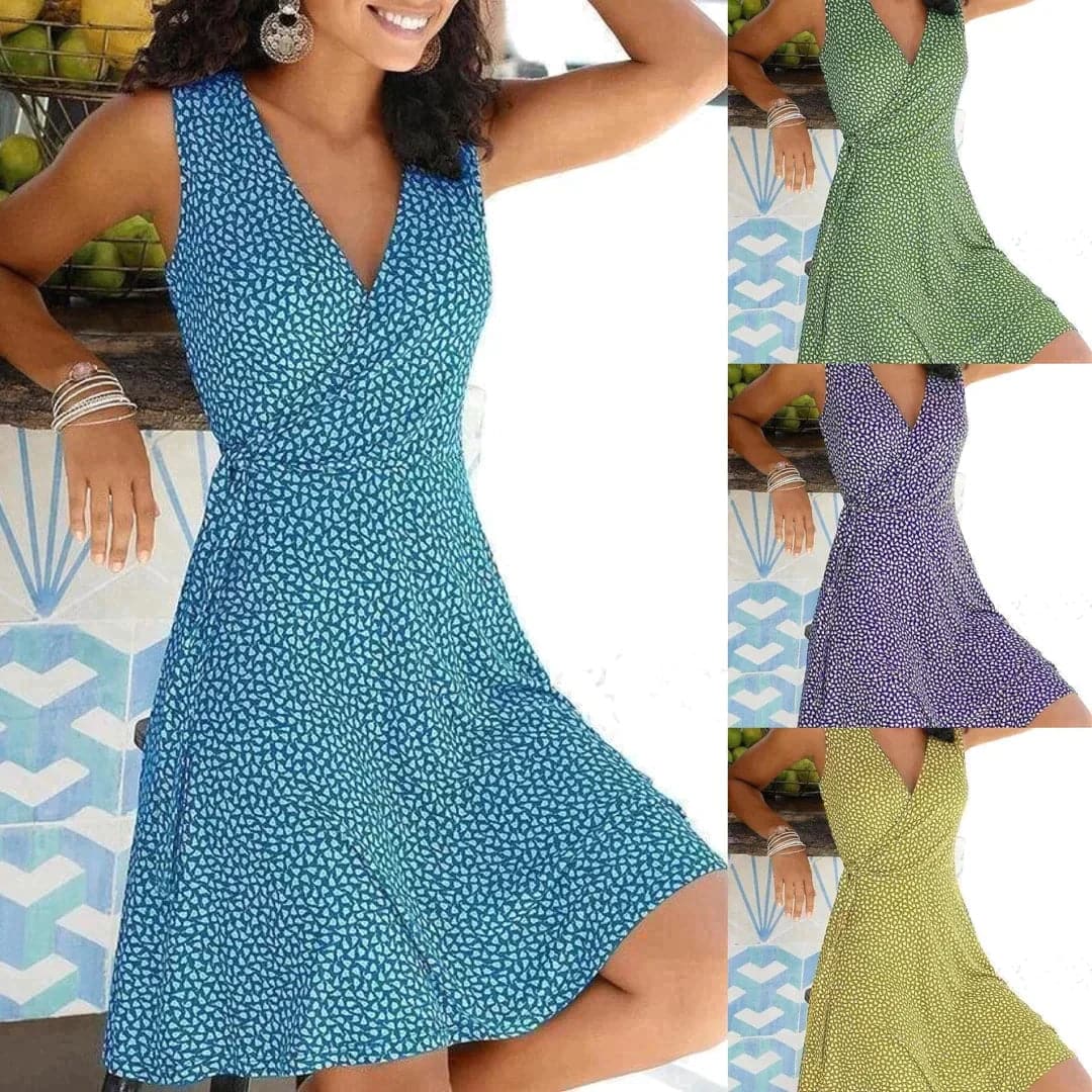 Women's Dress - Sleeveless V-neck - Fitted Waist - A-line Skirt - Elegant Pattern
