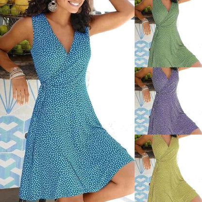Women's Dress - Sleeveless V-neck - Fitted Waist - A-line Skirt - Elegant Pattern