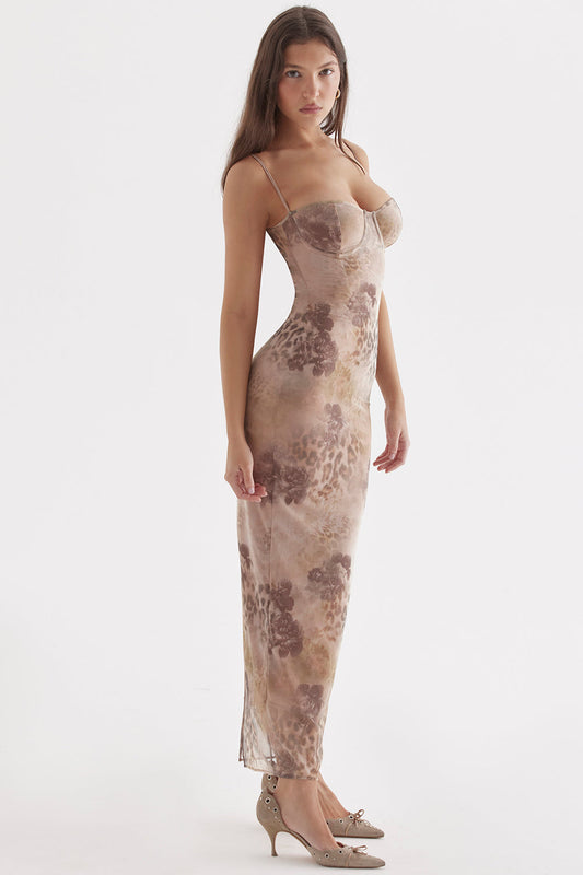 Dress for Women – Maxi – Fitted Fit – Corset Bodice – Spaghetti Straps – Floral Print