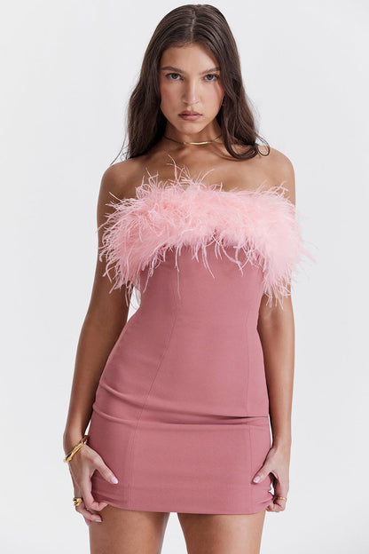 Women's Mini Dress – Slim Fit – Strapless – Fur Trim – Evening Wear – Bodycon Fit