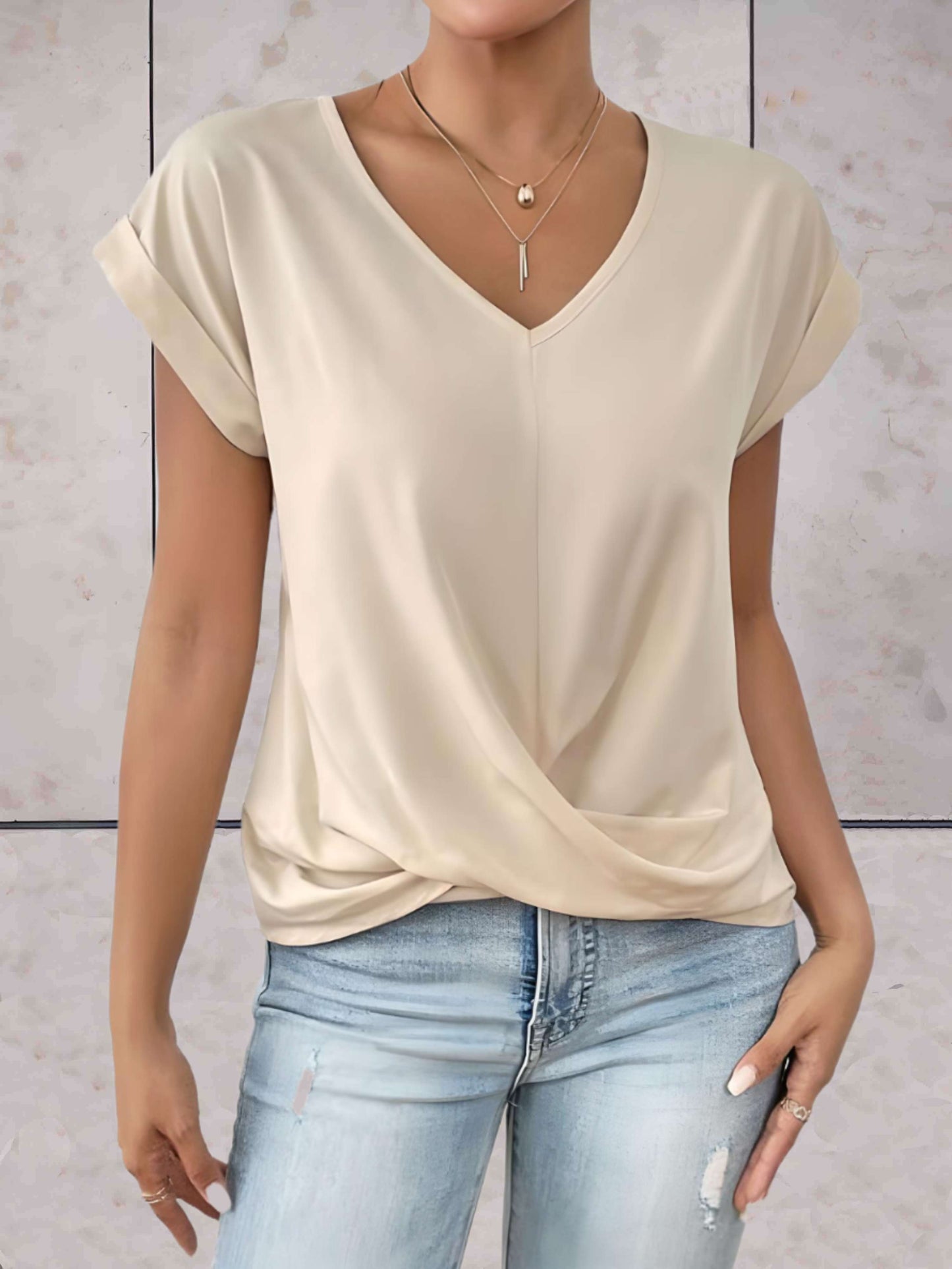 Women's Blouse - V-neck - Short Rolled Sleeves - Light and Comfortable - Knot Detail