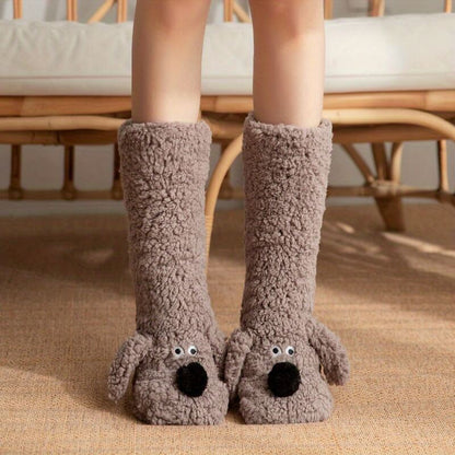 Isla Comfort Fit Slipper Socks | Fuzzy Dog Applique Mid-Calf Socks