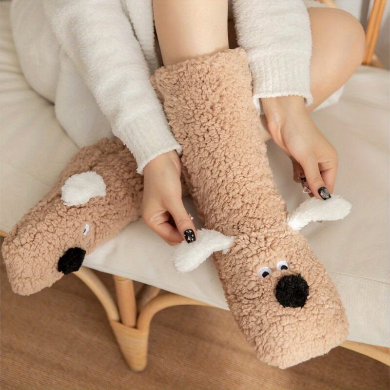 Isla Comfort Fit Slipper Socks | Fuzzy Dog Applique Mid-Calf Socks