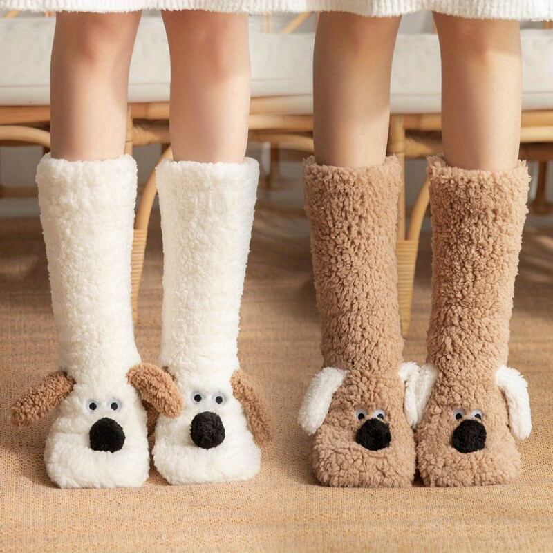 Isla Comfort Fit Slipper Socks | Fuzzy Dog Applique Mid-Calf Socks