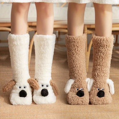 Isla Comfort Fit Slipper Socks | Fuzzy Dog Applique Mid-Calf Socks