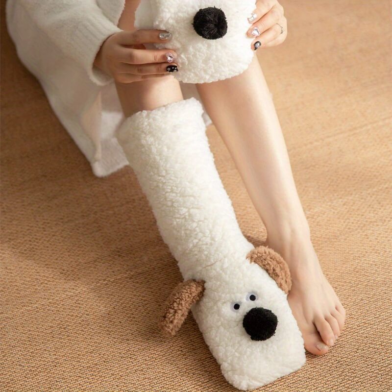 Isla Comfort Fit Slipper Socks | Fuzzy Dog Applique Mid-Calf Socks