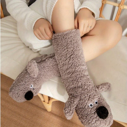 Isla Comfort Fit Slipper Socks | Fuzzy Dog Applique Mid-Calf Socks