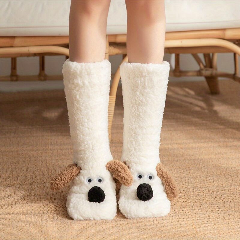 Isla Comfort Fit Slipper Socks | Fuzzy Dog Applique Mid-Calf Socks