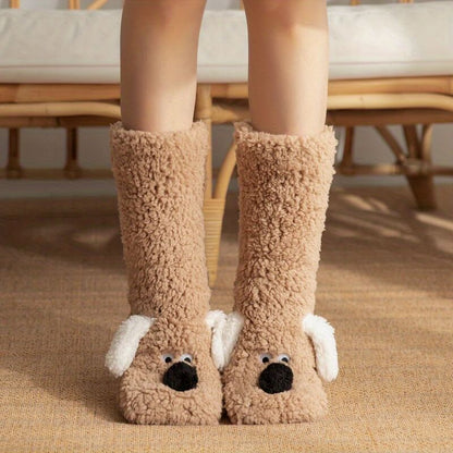 Isla Comfort Fit Slipper Socks | Fuzzy Dog Applique Mid-Calf Socks