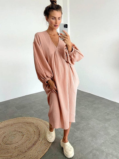 Women's Maxi Dress - Loose Fit - V-neck - Long Balloon Sleeves - Light and Comfortable