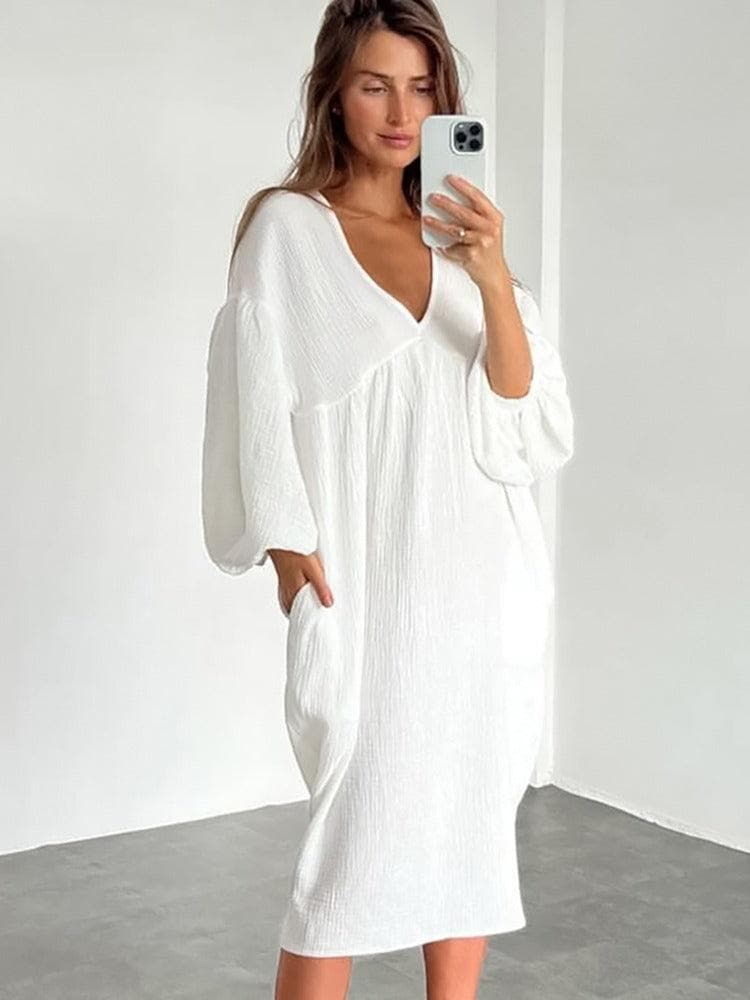 Women's Maxi Dress - Loose Fit - V-neck - Long Balloon Sleeves - Light and Comfortable