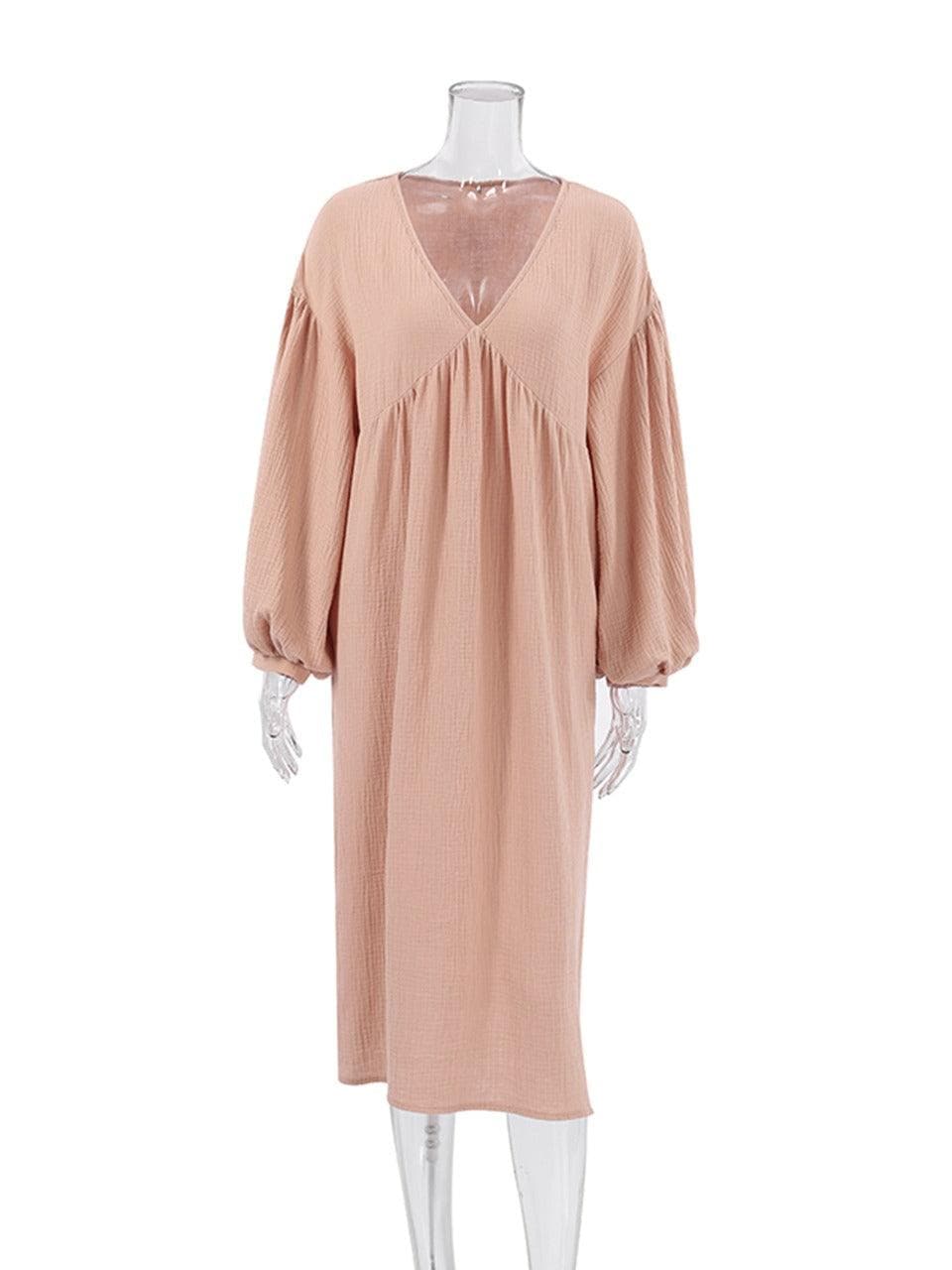 Women's Maxi Dress - Loose Fit - V-neck - Long Balloon Sleeves - Light and Comfortable