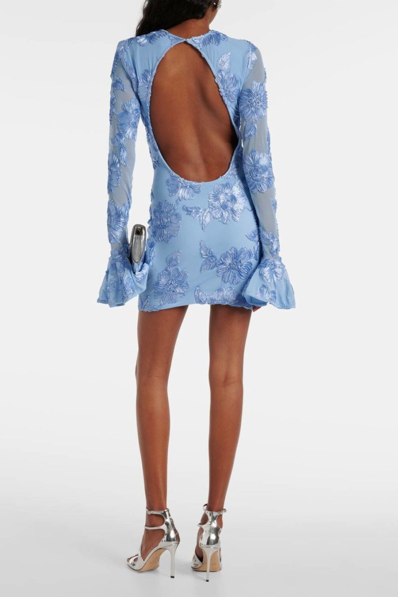 Dress for Women – Body-Length Fit – Floral Embroidery – Open Back – Long Sleeves
